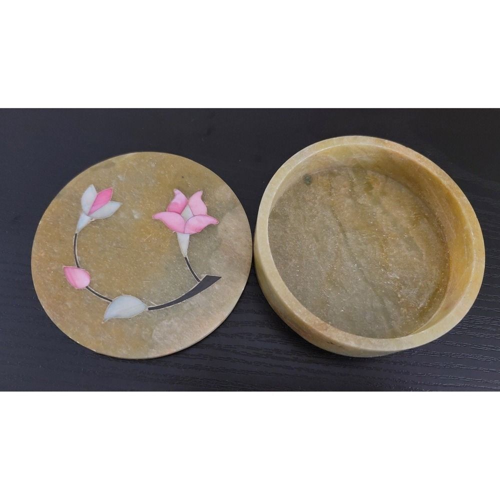Vintage Marble Lotus Flower Mother of Pearl Inlay Decorative Jewelry Trinket Box